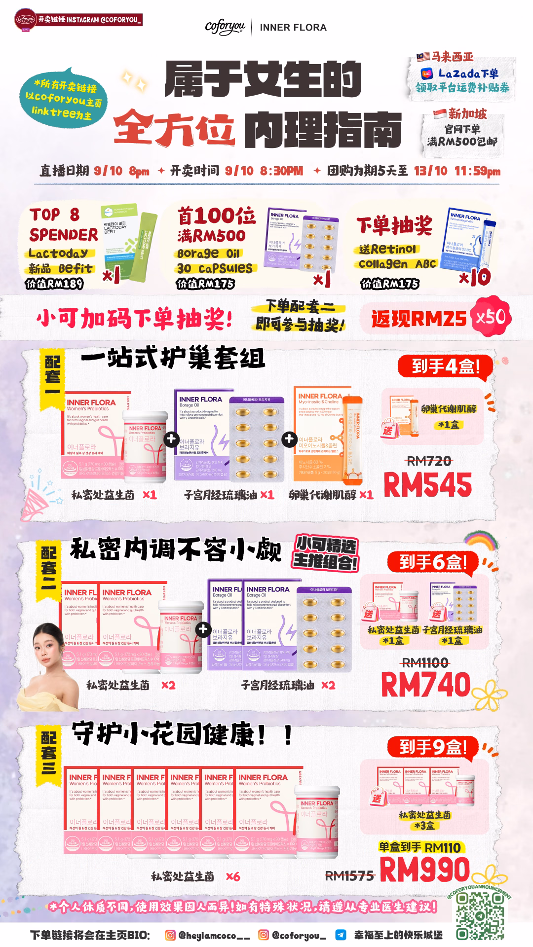 Inner Flora mix-package poster with three women’s wellness bundles and campaign rewards.