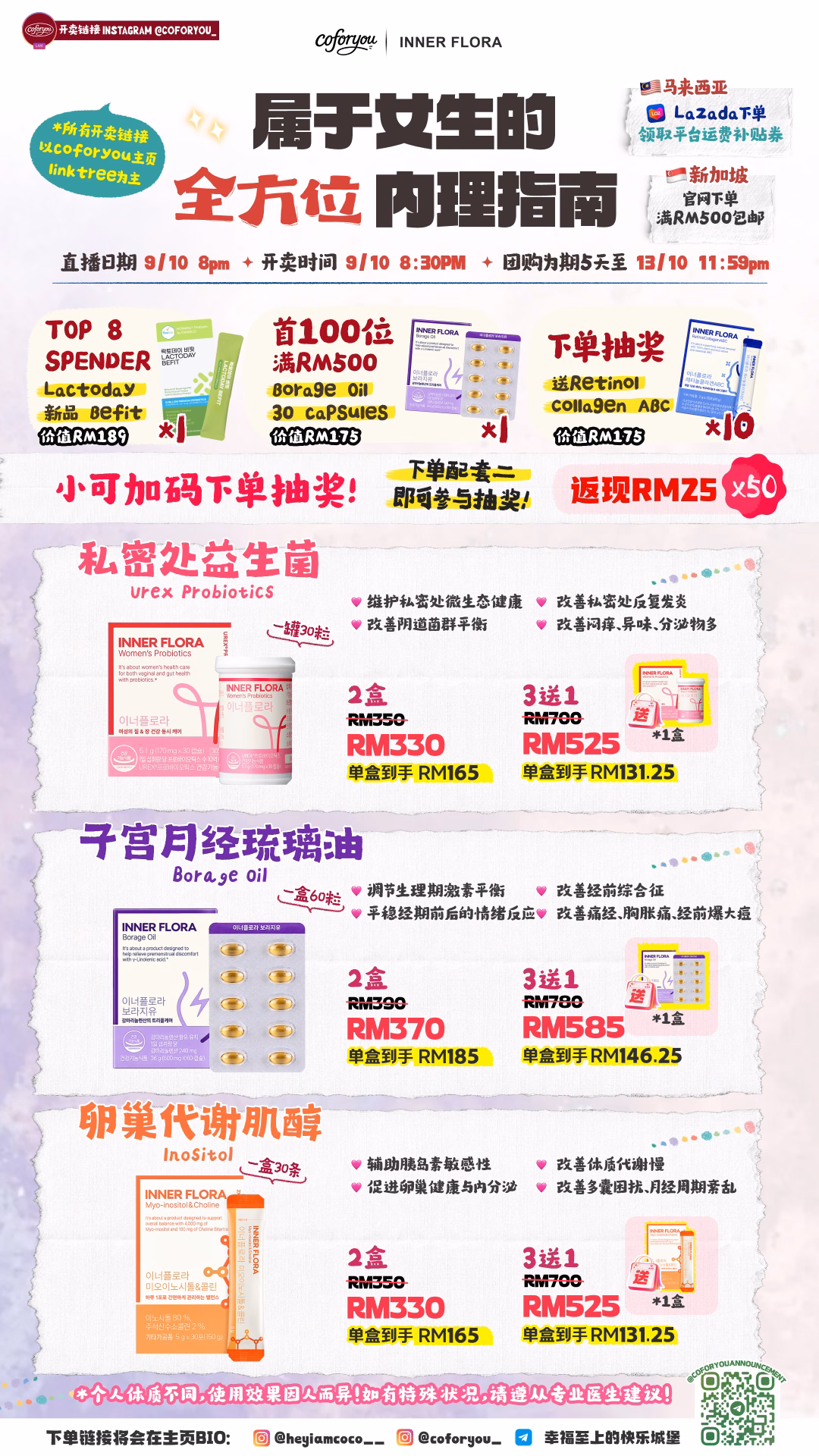 Inner Flora women’s wellness group-buy poster showing UREX, Borage Oil and Inositol offers.